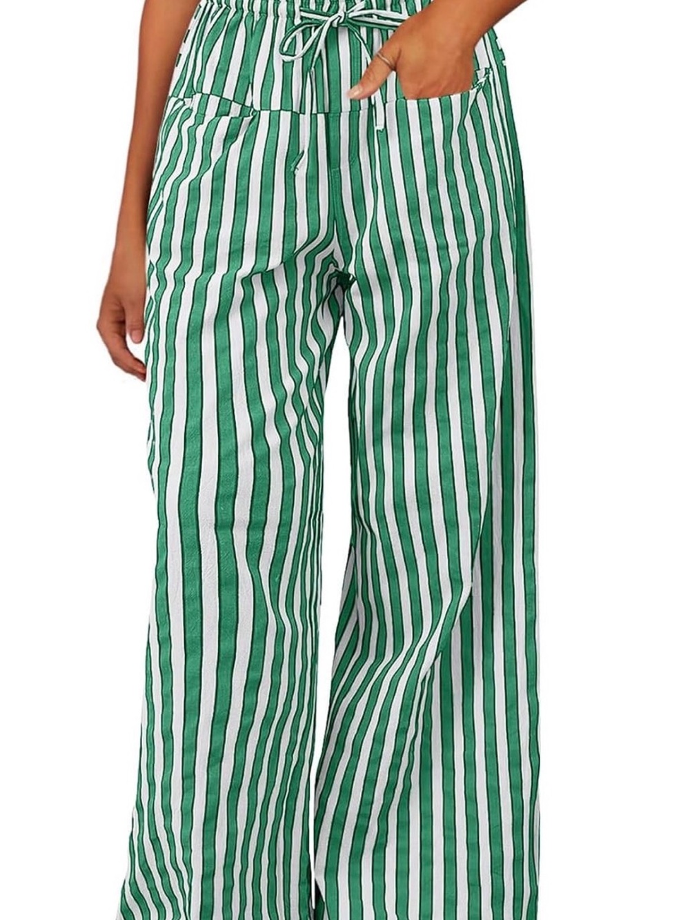 Green & White Striped Wide Leg Drawstring Pants Medium